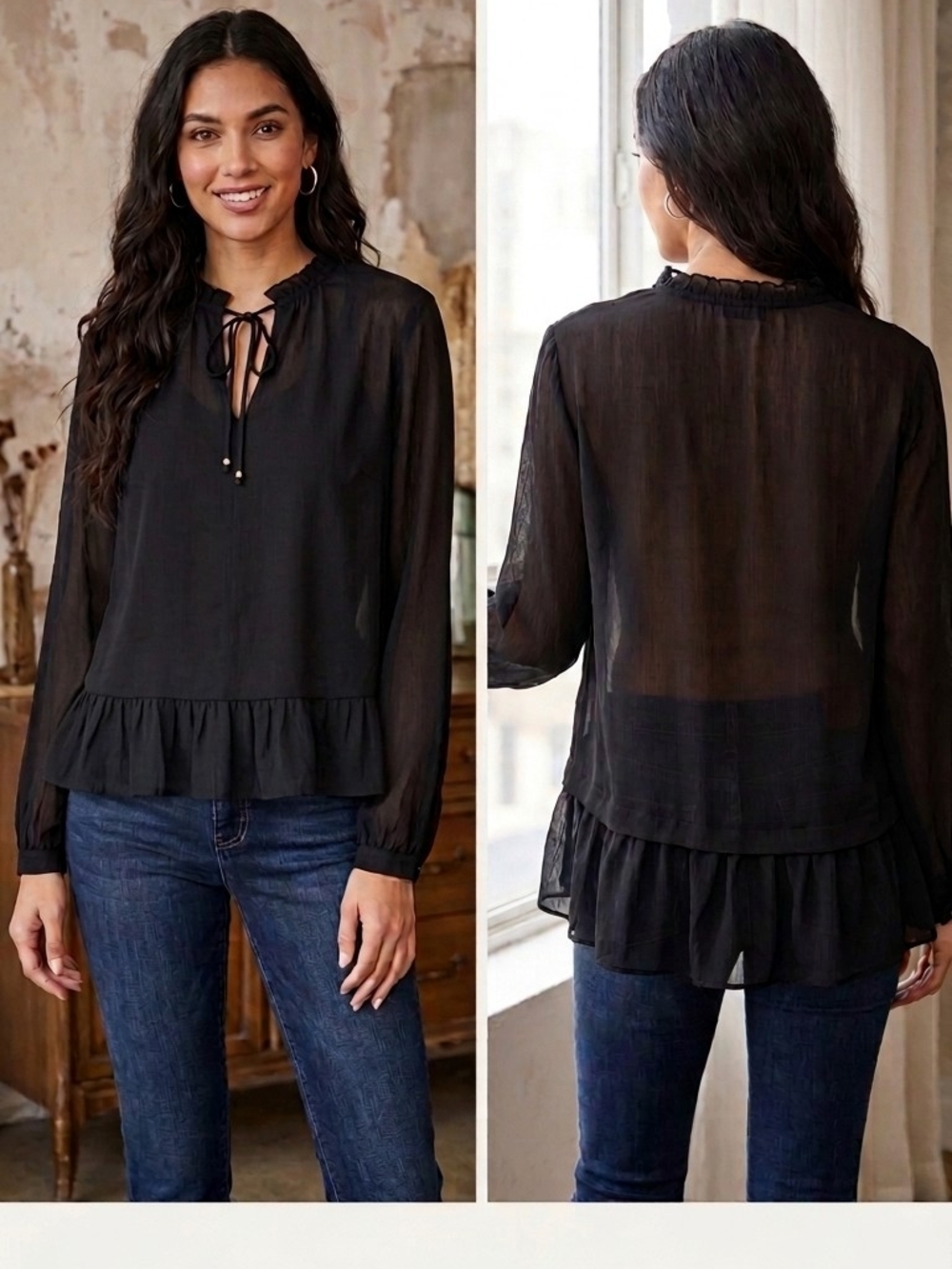 Source Unknown Black Ruffle Tie-Neck Sheer Blouse